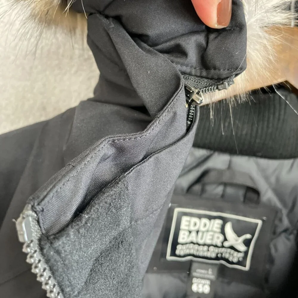 Eddie Bauer Women's L Down 650 Fill Long Parka Coat  Faux Fur Hood Black JCK195